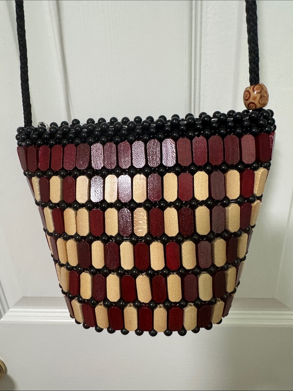 Woven Bead Crossbody Bag in Burgundy and Cream